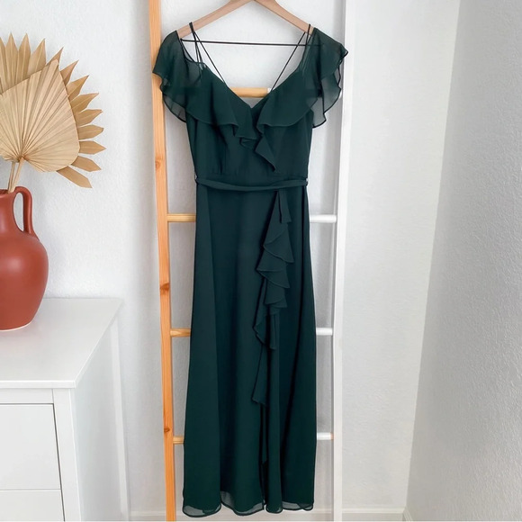 Theia Off The Shoulder Maxi Dres Gown Forest Green Bridesmaid Front Slit Ruffle - Picture 1 of 15